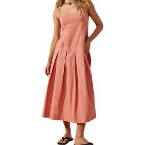 Free People Pleated Midi Dress Coral Back Tie Spaghetti Strap S NWOT